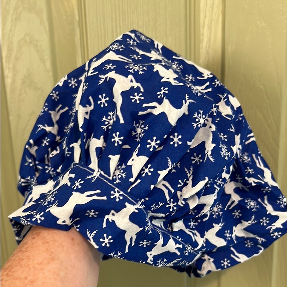 Blue and White Reindeer Print scrub Cap